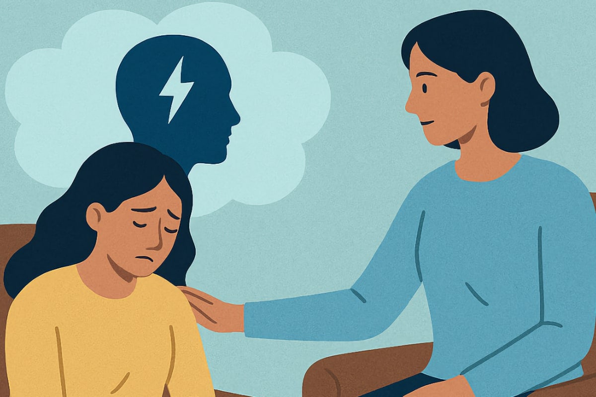 Therapist offering trauma-informed support to a distressed woman during psychological therapy session.